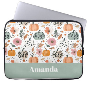 Capa Para Notebook Padrão de Abóbora com Flores em Aquarela com nome