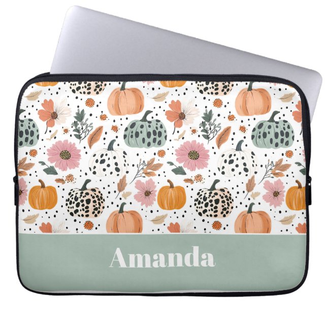 Capa Para Notebook Padrão de Abóbora com Flores em Aquarela com nome (Frente)