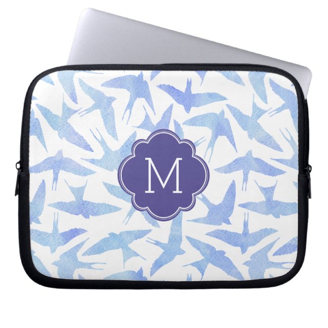 Capa Para Notebook Padrão de Aves de Cores Azuis Monogramadas (Frente)