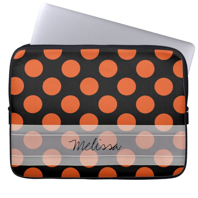 Capa Para Notebook Padrão de Bolinhas Chic Laranja Negro Monograma (Frente)