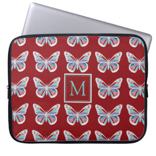 Capa Para Notebook Padrão de Borboleta em Monograma Borgonha