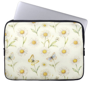 Capa Para Notebook Padrão de Campo de Margaridas e Borboletas em Aqua