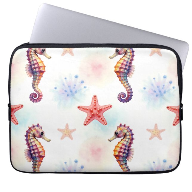 Capa Para Notebook Padrão de Cavalo-Marinho e Estrela-do-Mar em Aquar (Frente)