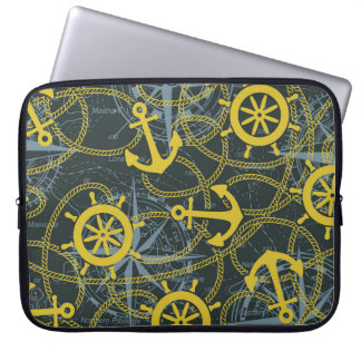 Capa Para Notebook Padrão de colheita náutica, âncora e mapa.