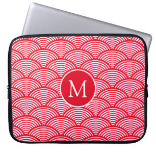 Capa Para Notebook Padrão de Concha Monograma Vermelho e Branco