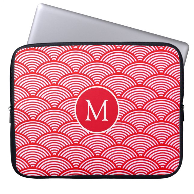 Capa Para Notebook Padrão de Concha Monograma Vermelho e Branco (Frente)