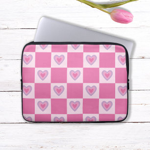 Capa Para Notebook Padrão de Coração Xadrez Rosa Retro