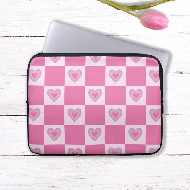 Capa Para Notebook Padrão de Coração Xadrez Rosa Retro (Criador carregado)
