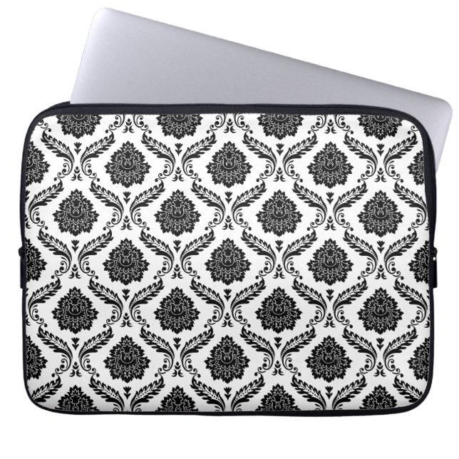 Capa Para Notebook Padrão de Damasco Rococó Preto no Branco (Frente)