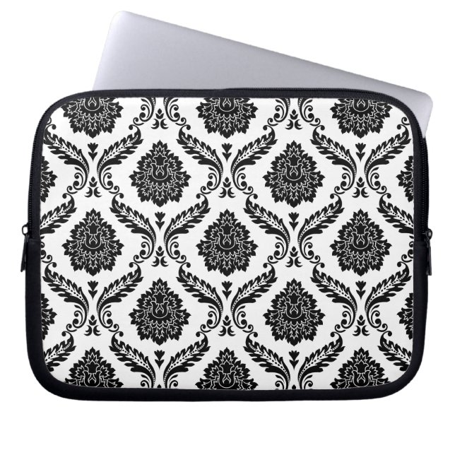 Capa Para Notebook Padrão de Damasco Rococó Preto no Branco (Frente)