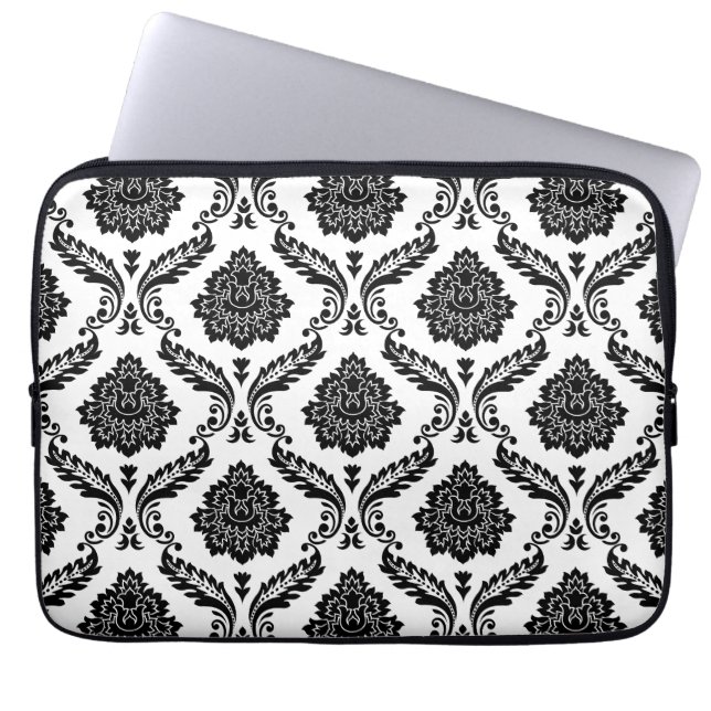 Capa Para Notebook Padrão de Damasco Rococó Preto no Branco (Frente)