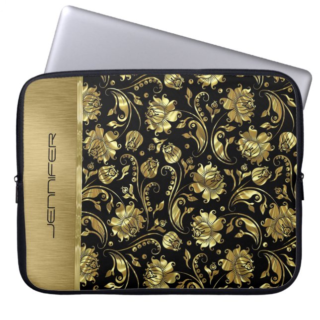 Capa Para Notebook Padrão de Damascos preto e Dourado monograma (Frente)
