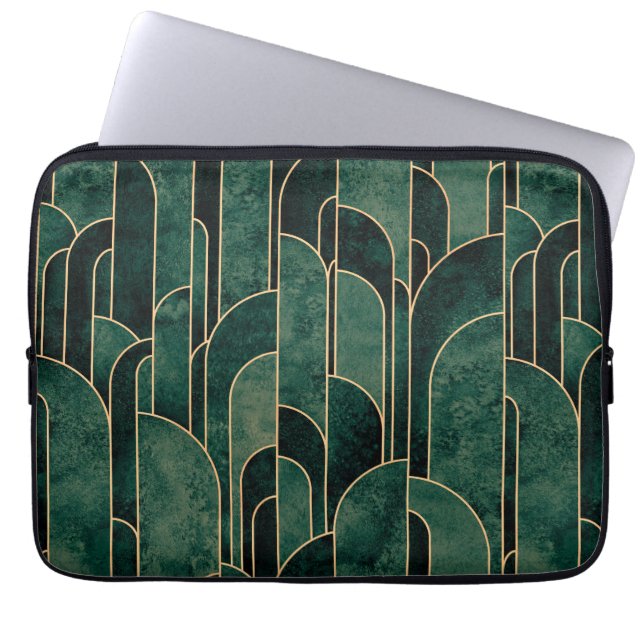 Capa Para Notebook Padrão de Deco de Arte Dourada e Verde Luxuoso (Frente)