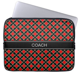 Capa Para Notebook Padrão de Diamante em Preto e Vermelho & Cinto