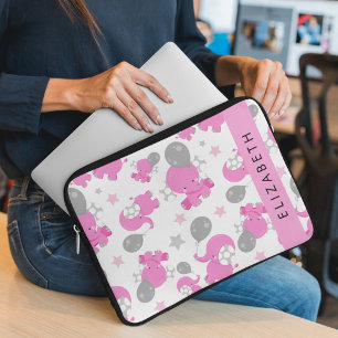 Capa Para Notebook Padrão De Elefantes Rosa, Estrelas, Seu Nome