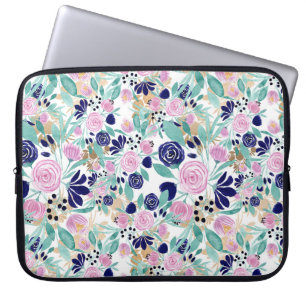 Capa Para Notebook Padrão de Flores de Cores de Água Douradas Azuis d