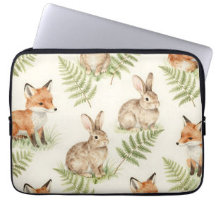 Capa Para Notebook Padrão de Floresta de Raposa e Coelho em Aquarela