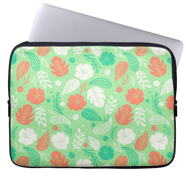 Capa Para Notebook Padrão de Folhagem Tropical Verde e Laranja (Frente)