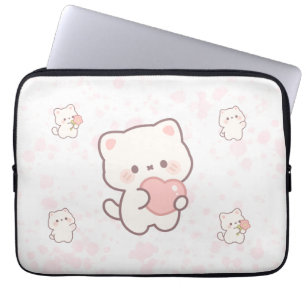 Capa Para Notebook Padrão de Gato Branco Fofo – Corações e Flores Kaw