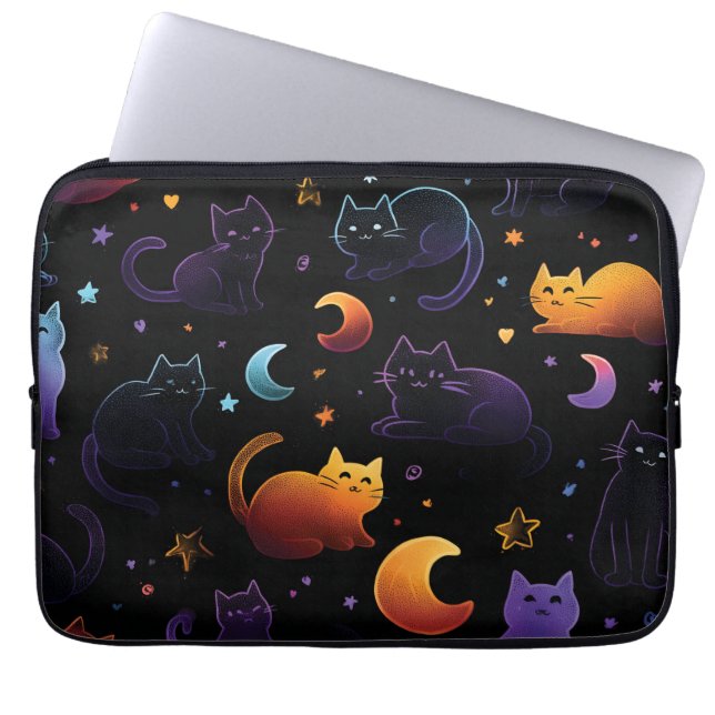 Capa Para Notebook Padrão de Gato Celestial Mágico com Luas (Frente)