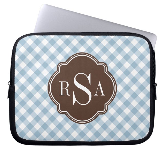 Capa Para Notebook Padrão de Gingham Azul Castanho Triplo Monograma (Frente)