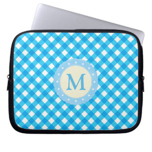 Capa Para Notebook Padrão de Gingham Branco e Azul Monograma