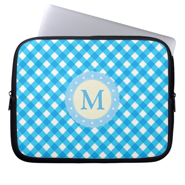 Capa Para Notebook Padrão de Gingham Branco e Azul Monograma (Frente)