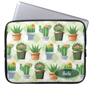 Capa Para Notebook Padrão de Gingham Cactus Verde