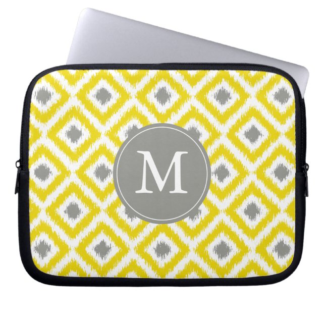 Capa Para Notebook Padrão de Ikat de Cinza Amarela Monograma (Frente)