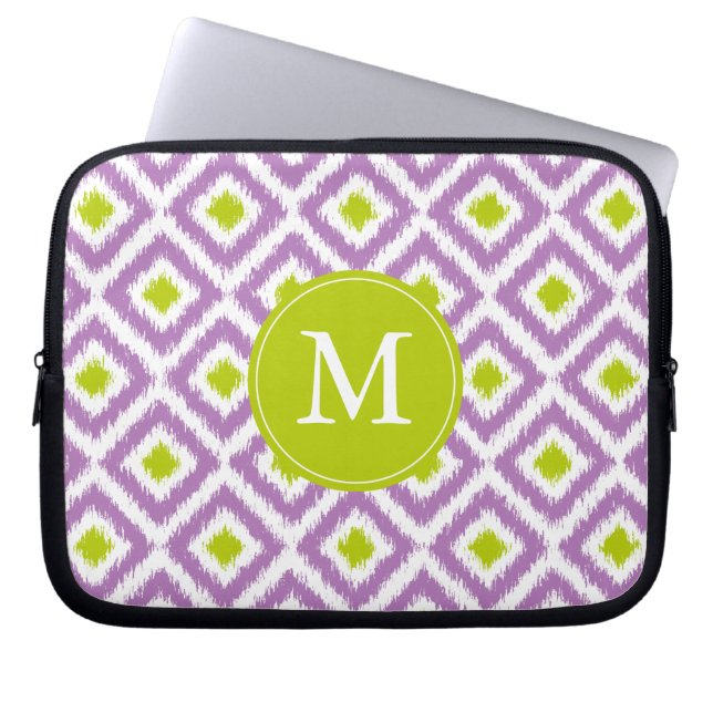 Capa Para Notebook Padrão de Ikat de Diamante Verde Roxo Monograma (Frente)
