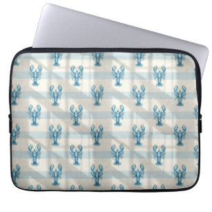 Capa Para Notebook Padrão de Lagosta em Aquarela Azul em Listra Coste