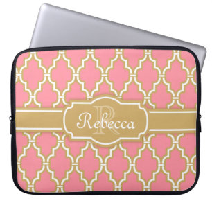 Capa Para Notebook Padrão de Latice Dourada e Rosa Monograma