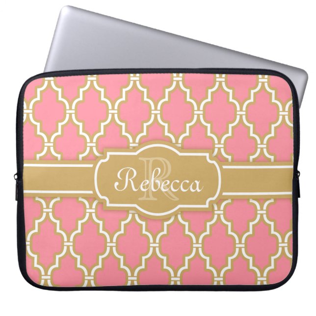Capa Para Notebook Padrão de Latice Dourada e Rosa Monograma (Frente)