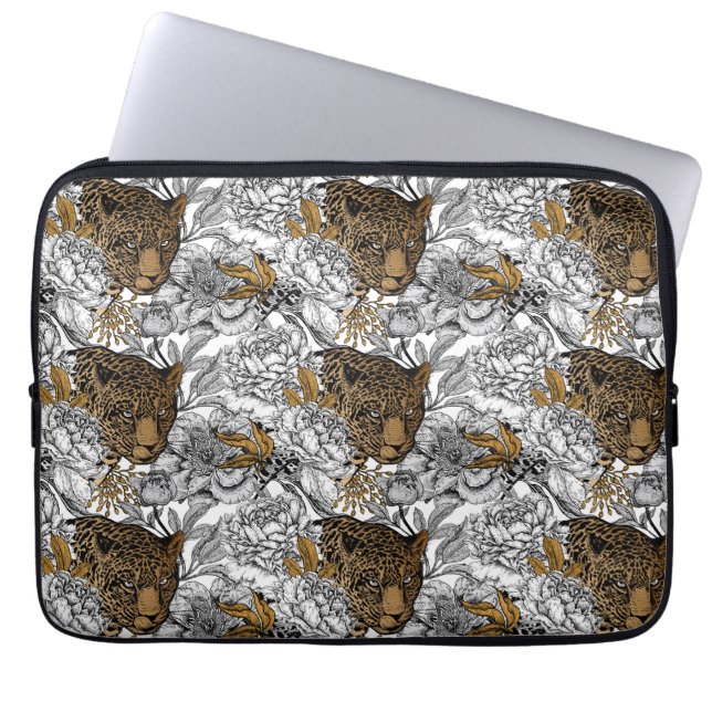 Capa Para Notebook Padrão de leopardo e peônias (Frente)