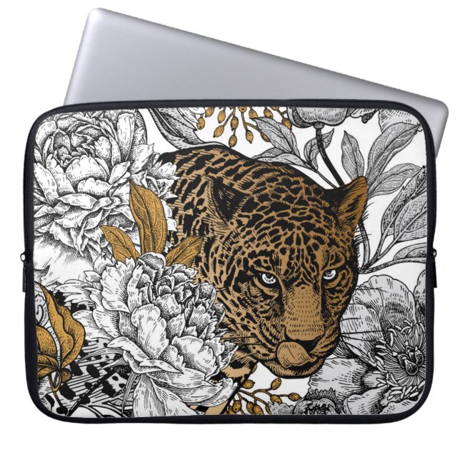 Capa Para Notebook Padrão de leopardo e peônias (Frente)