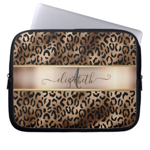 Capa Para Notebook Padrão de Leopardo Preto Bronze Monograma