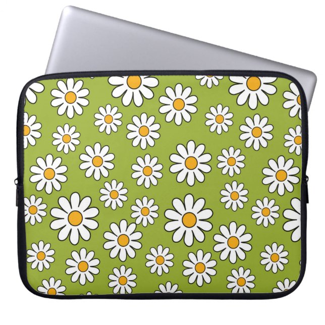 Capa Para Notebook Padrão de Margarida Floral Verde e Branco (Frente)