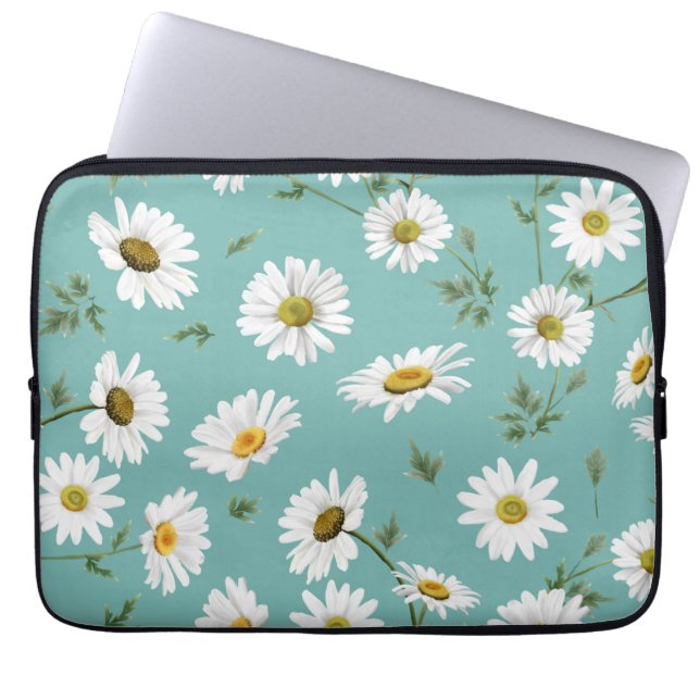 Capa Para Notebook Padrão de Margarida, Fundo Azul-Verde (Frente)