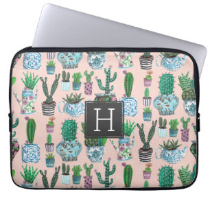 Capa Para Notebook Padrão de monograma de cacto suculento rosa fofo