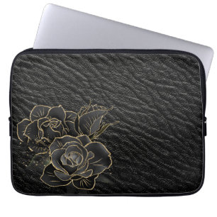 CAPA PARA NOTEBOOK PADRÃO DE OLHOS PRETOS COM ROSAS DOURADOS PRETOS