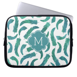 Capa Para Notebook Padrão de Penas de Aquarela Teal Monograma
