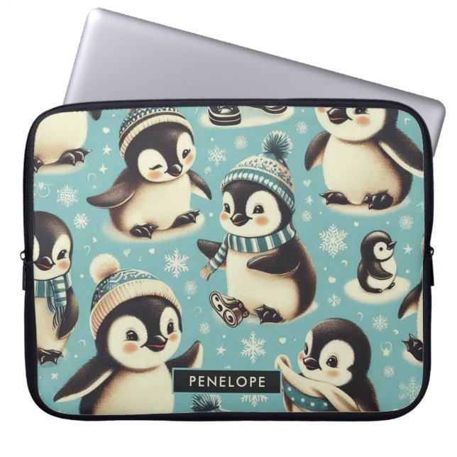 Capa Para Notebook Padrão de Pinguim Cuto Vintage (Frente)