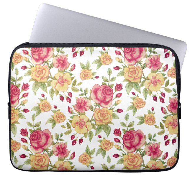 Capa Para Notebook Padrão de Rosas e Botões de Rosa Vermelhas e Amare (Frente)