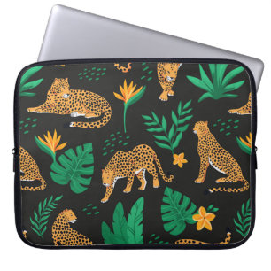 Capa Para Notebook Padrão de safra com leopardos e folhas tropicais