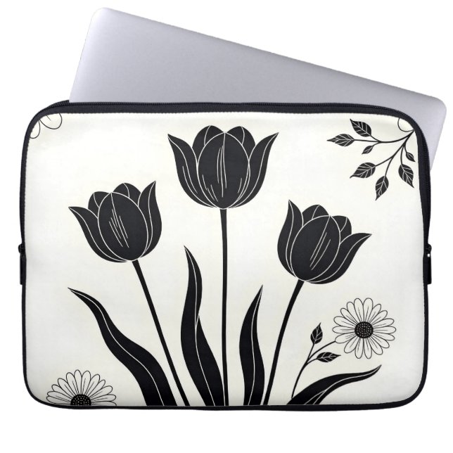Capa Para Notebook Padrão de Silhueta de Tulipa Preta (Frente)