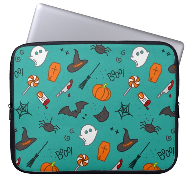 Capa Para Notebook Padrão de Turquesa de Halloween de estilo plano. (Frente)