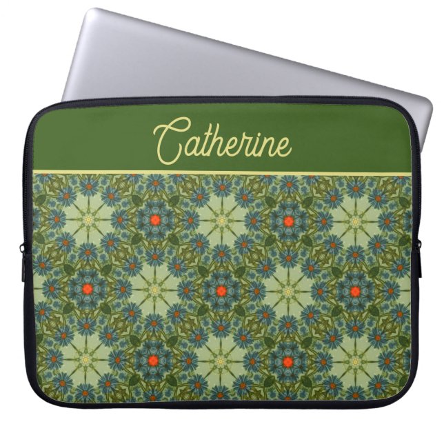 Capa Para Notebook Padrão de vinheta em verde com flores azuis (Frente)