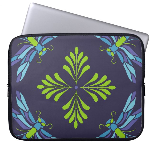 Capa Para Notebook Padrão de vinheta libélula azul verde sobre fundo  (Frente)