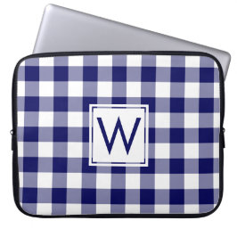 Capa Para Notebook Padrão de Xadrez Gingham Azul Marinho Monograma Cl