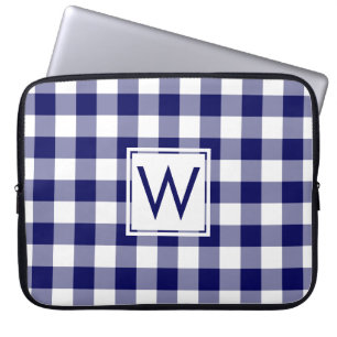Capa Para Notebook Padrão de Xadrez Gingham Azul Marinho Monograma Cl
